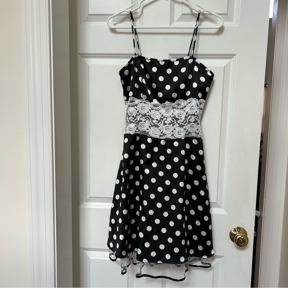 Rockability Black and White Polka Dot Midi Dress Lace Accent Zipper Back